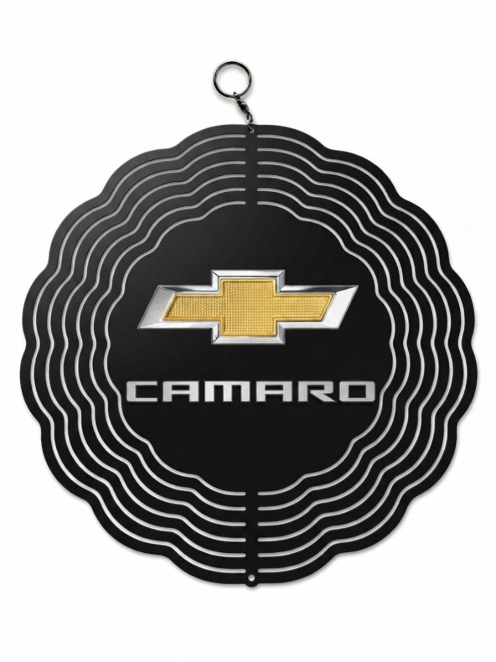 10" Chevy Camaro Gold Bowtie Kinetic Wind Spinner - Black Metal Yard Decor
